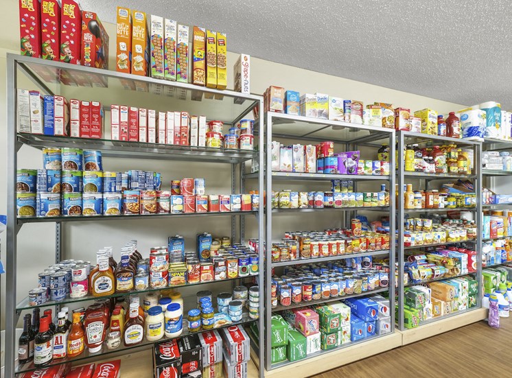 Resident store with shelves of canned and dry goods